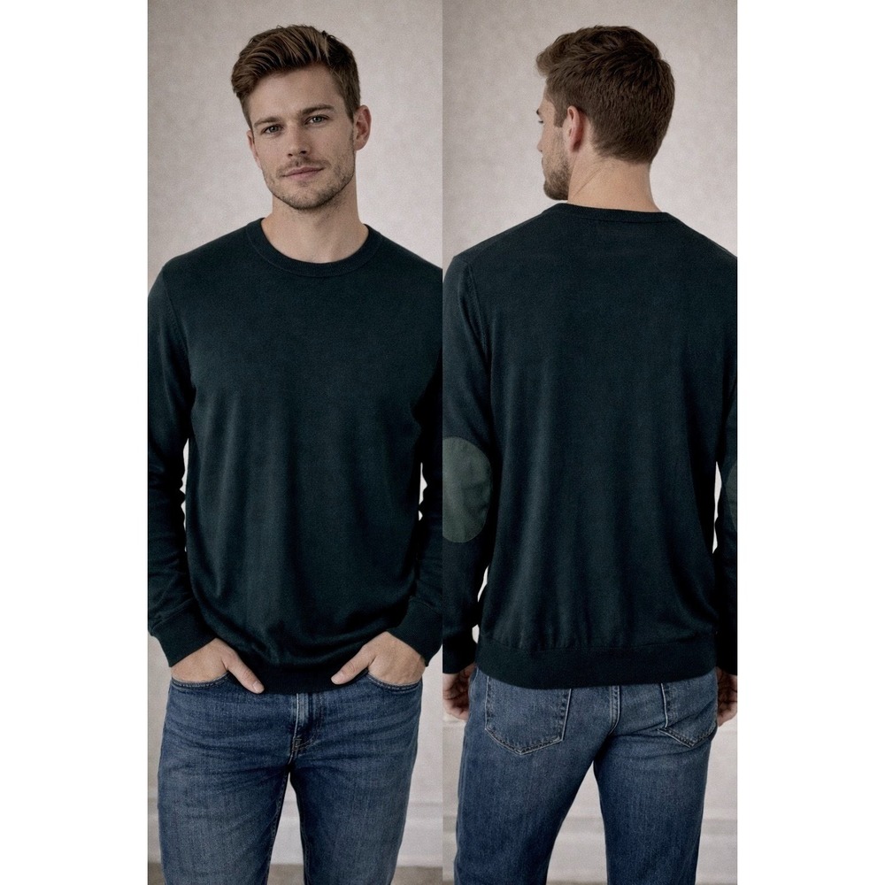 Men's Crewneck Sweater with Elbow Patches - Dark Green